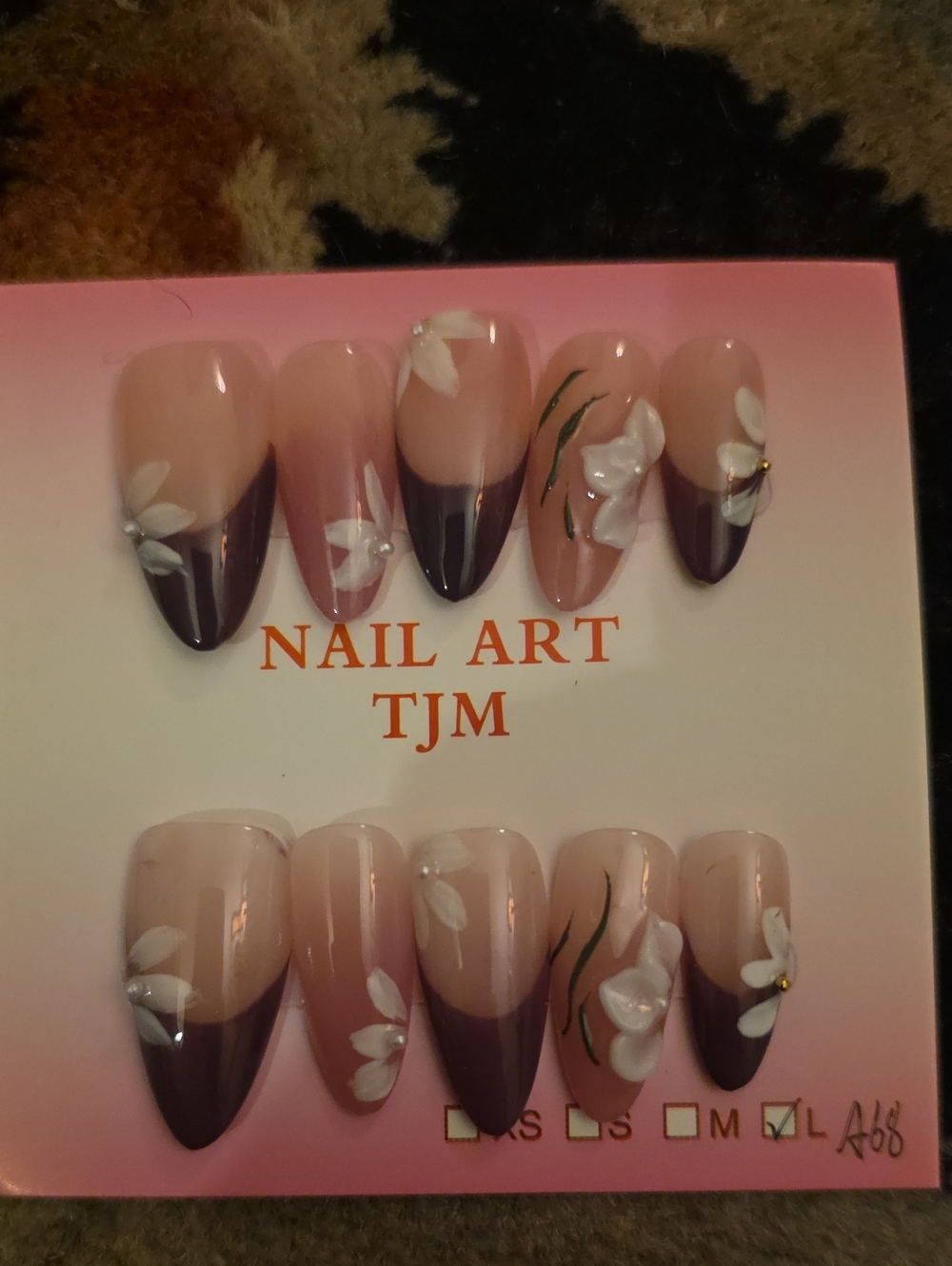 TJM Purple Floral French Press-On Nail Set Size Large